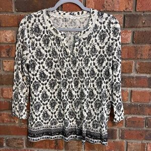 Lucky Brand womens pleated 3/4 sleeve floral peasant blouse black/white XS